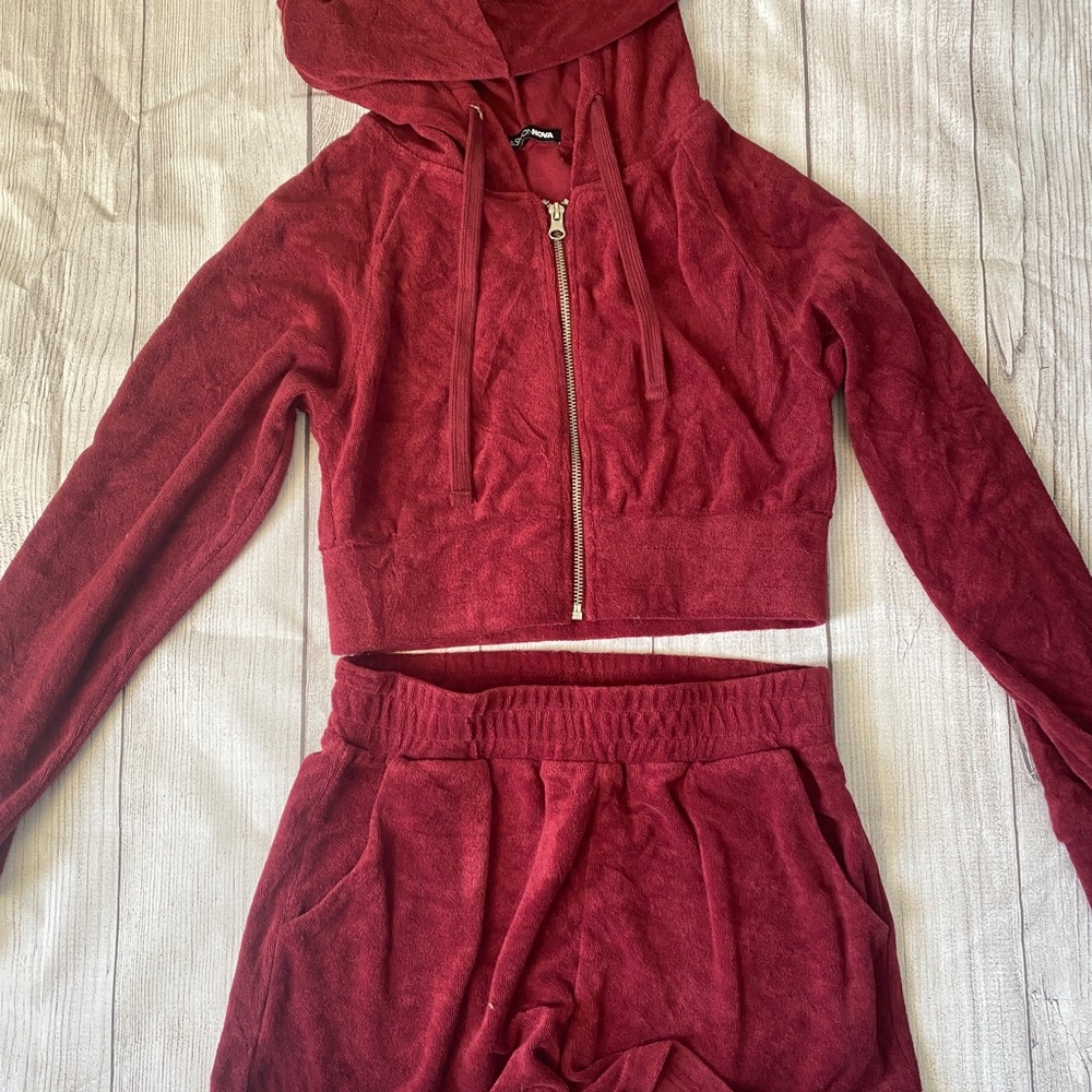 Fashion Nova Red Velour Hoodie & Jogger Set